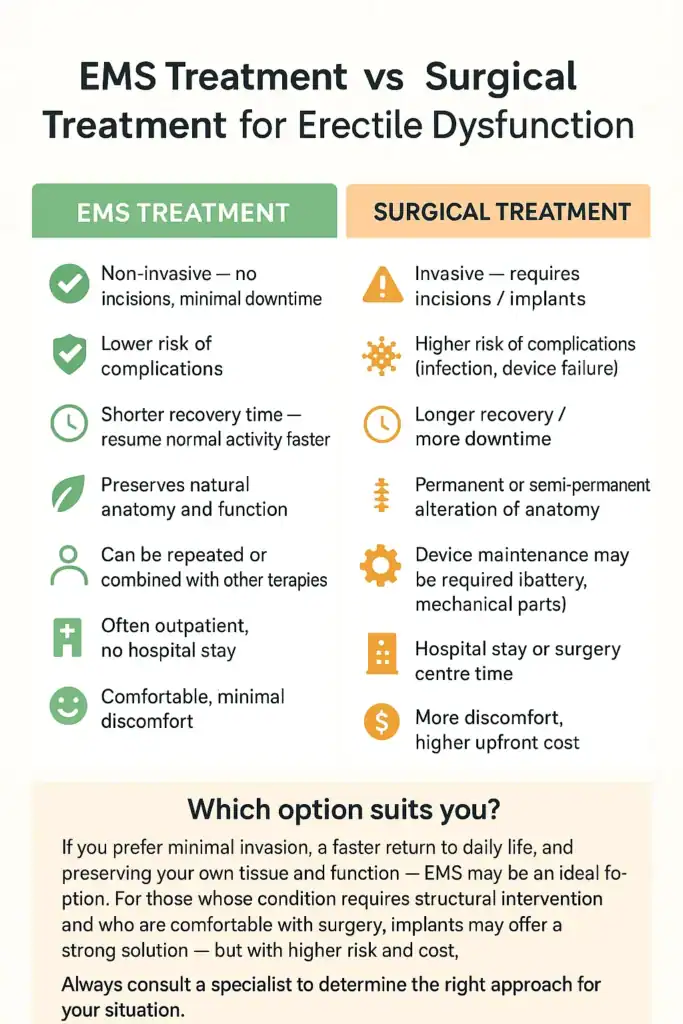 A table showing the benefits of EMS chair for erectile dysfunction treatment York compared to surgery.