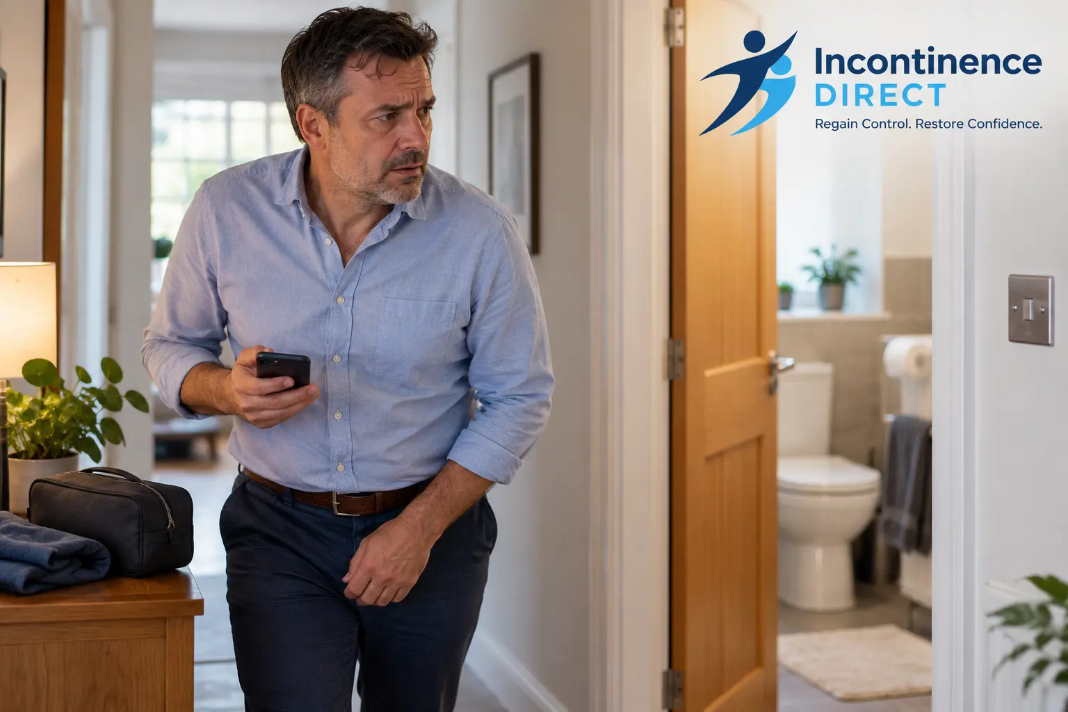 Worried Man Near Open Bathroom affected from faecal incontinence safety tips from incontinence direct York