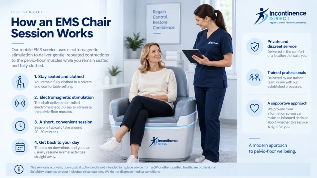 how ems chair session works at incontinence direct York a detailed infographics for the incontinence process